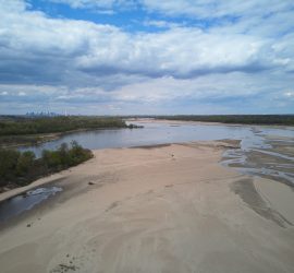 View of the Vistula looking north towards Warsaw. The water level is very low.